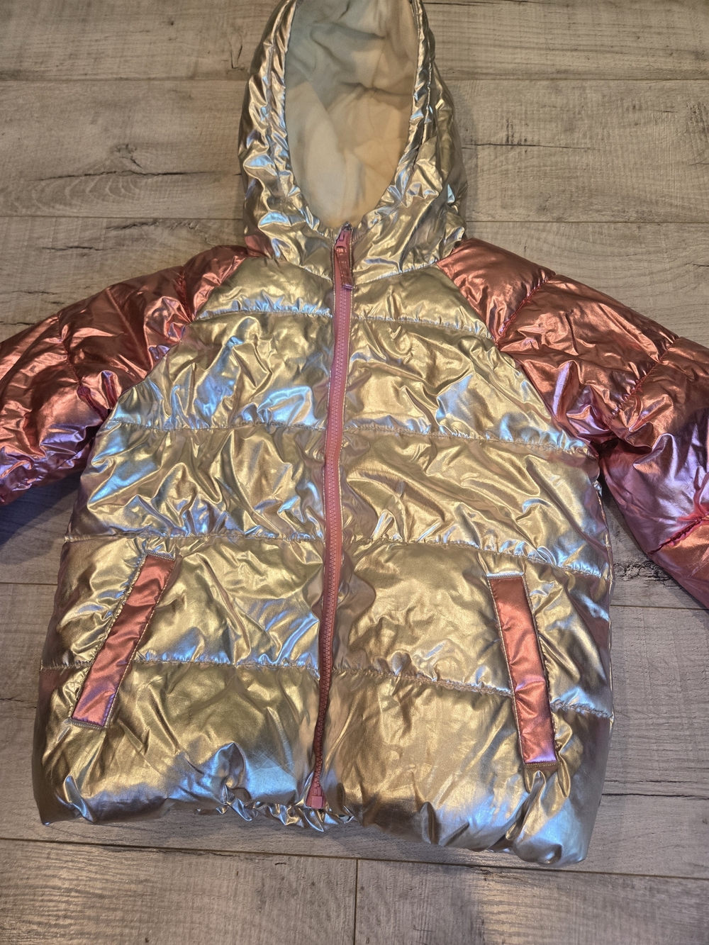 Old Navy Metallic Gold Puffer Jacket with Pink Accents